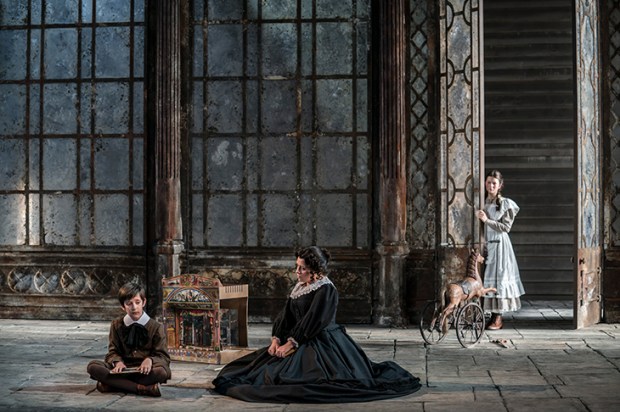Leo Jemison (Miles), Elen Willmer (Flora) and Sophie Bevan (Governess) in The Turn of the Screw at Garsington Opera