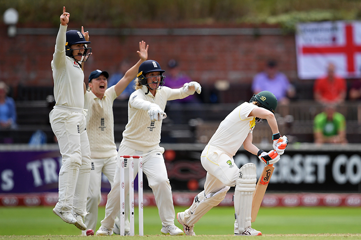 England players celebrate a wicket as they battle Australia during the Women’s Ashes in Taunton (Getty)
